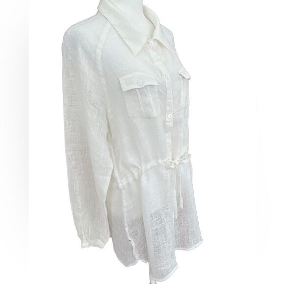 Irene Van Ryb white 100% linen drawstring waist tunic, long sleeves, size 42. - Picture 5 of 7
